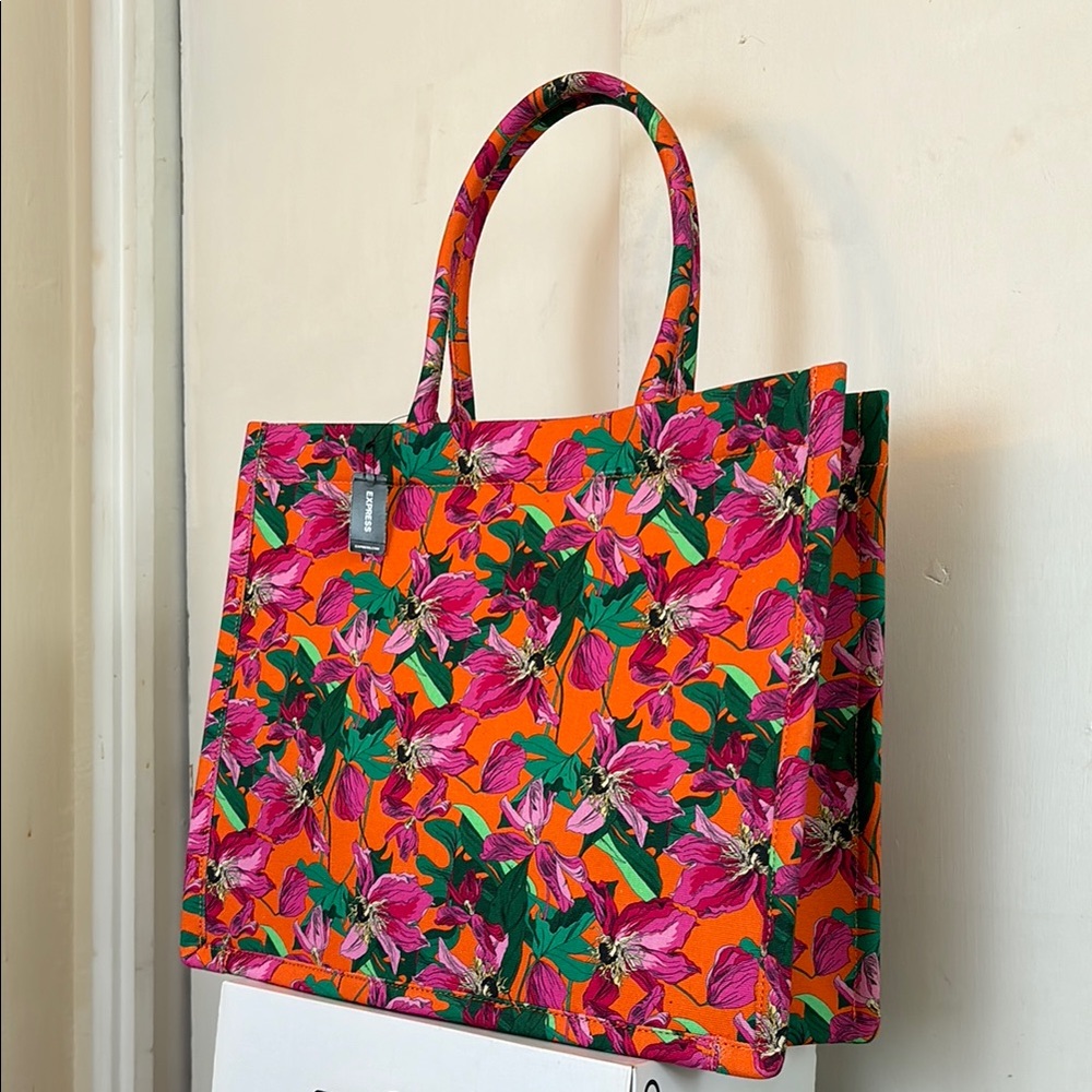 EXPRESS Floral Shopper Tote Bag - Vibrant Pink and Orange